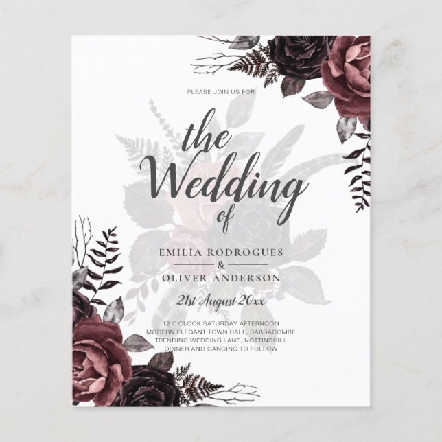 Flyer Rosas negros oscuros de Borgoña Boda caen en invie (Frente)