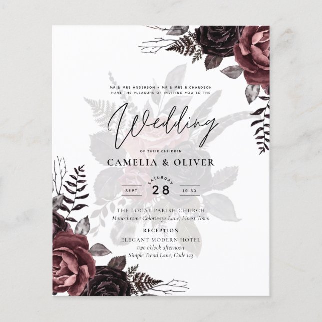 Flyer Rosas negros oscuros de Borgoña Boda caen en invie (Frente)