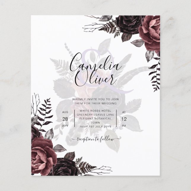 Flyer Rosas negros oscuros de Borgoña Boda caen en invie (Frente)