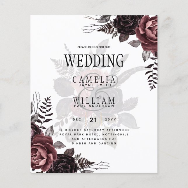 Flyer Rosas negros oscuros de Borgoña Boda caen en invie (Frente)