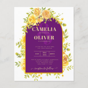 Flyer Roses Amarillos Magenta Pluma Boda de Oro Púrpura