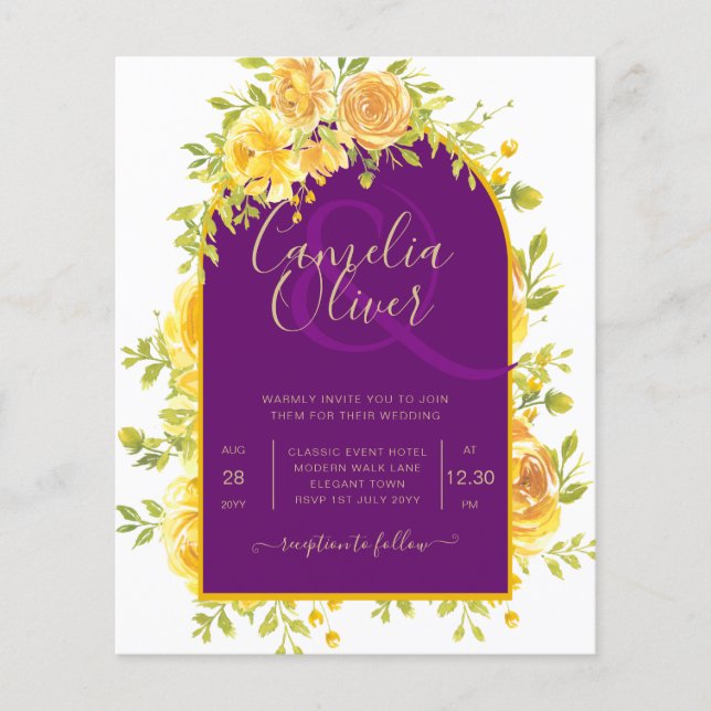 Flyer Roses Amarillos Magenta Pluma Boda de Oro Púrpura (Frente)