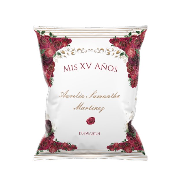 Flyer Roses rojos Quinceañera Chap Bag Wrapper (Front of chip bag wrapper)