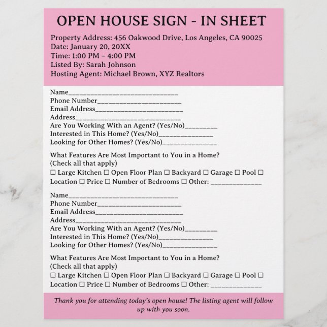 Flyer Rótulo de Casa Abierta Realtor Blanco Y Rosa (Frente)