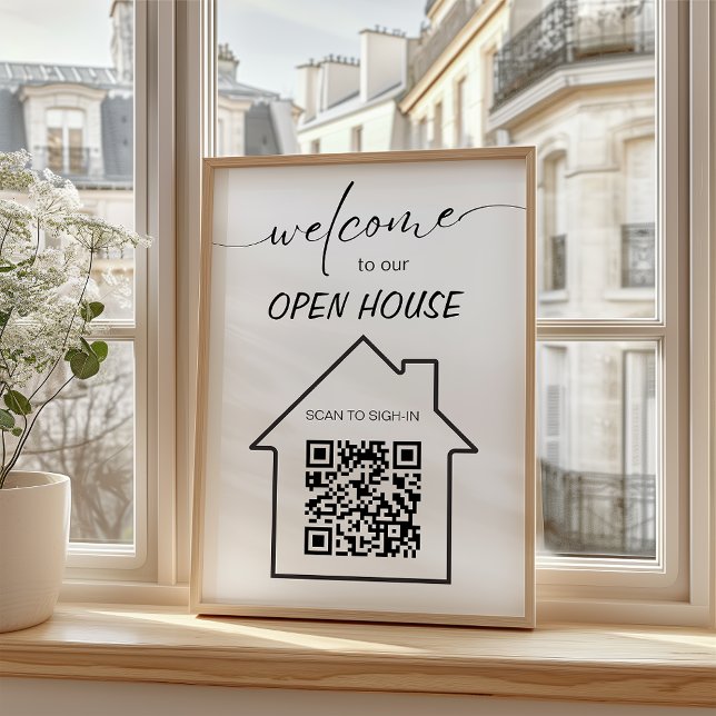 Flyer Rótulo Inmobiliario Sencillo Abierto En Código QR (Simple Real Estate Open House Sign In QR Code Flyer)