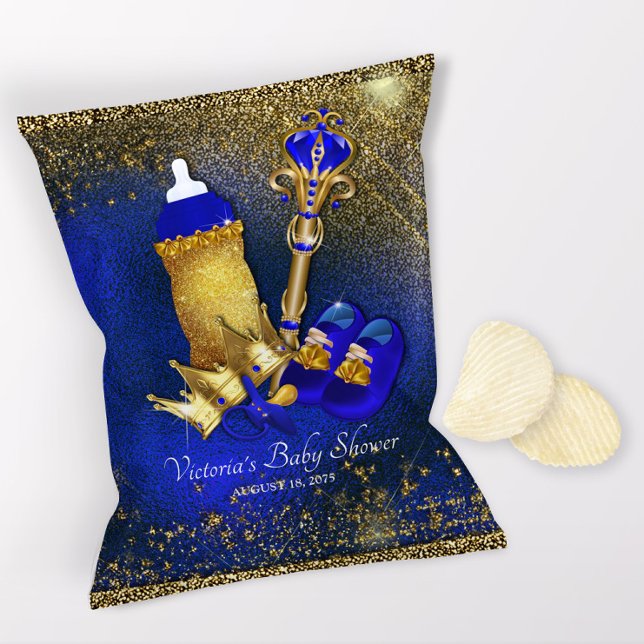 Flyer Royal Blue Gold Prince Baby Shower Chip Bag (1 ounce snack bag wrapper flyer. )