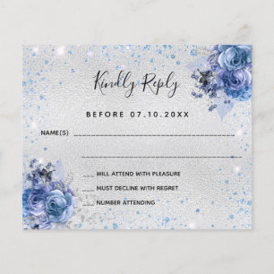 Flyer RSVP de boda con flores azules plateadas presupues