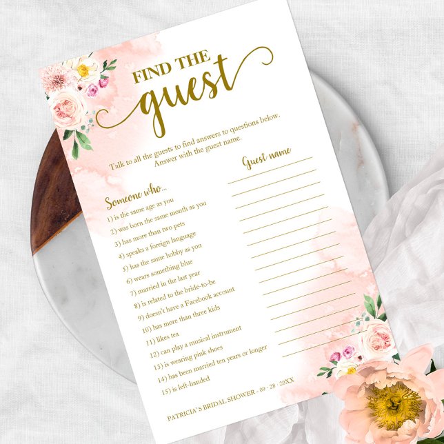 Flyer Rubor Floral Bridal Shower Find The Guest Game (Subido por el creador)