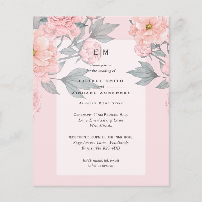Flyer Rubor Peach PEONIES Lilac Wedding PRESUPUESTO (Frente)