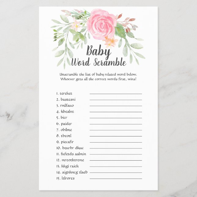 Flyer Rubor Peonies Baby Word Scramble (Frente)