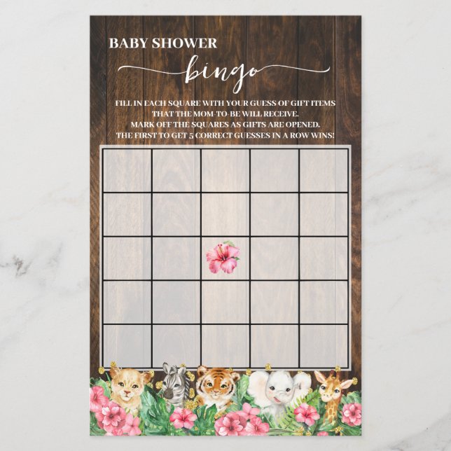 Flyer Rustic Pink Safari Animals Shower Bingo Game Card (Frente)