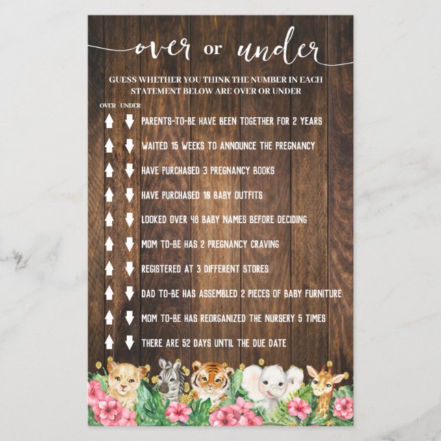 Flyer Rustic Pink Safari Over or Under Shower Game Card (Frente)