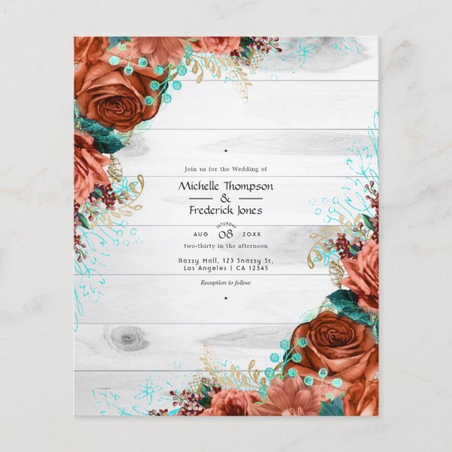 Flyer Rústico Barn Coral y Boda floral Verde azulado (Frente)