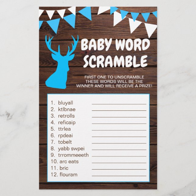 Flyer Rústico Buck Blue Boy Baby Shower WORD SCRAMBLE (Frente)