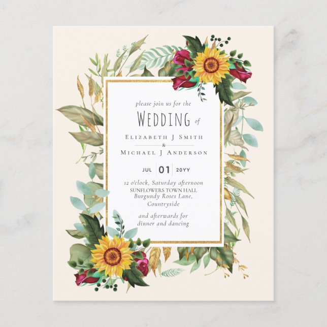 Flyer Rústico del país girasoles Rosas de Borgoña Boda (Frente)