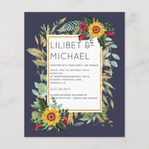 Flyer Rústico del país girasoles Rosas de Borgoña Boda