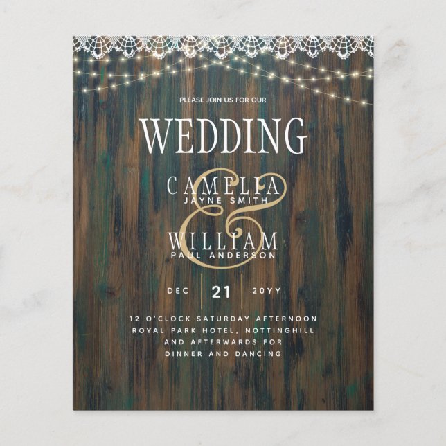 Flyer Rústico Lace Strings Lughts Wood Look Boda (Frente)