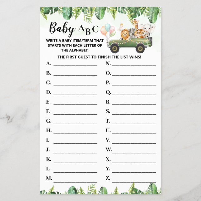 Flyer Safari Animales Baby ABC Tarjeta de juego para Bab (Frente)