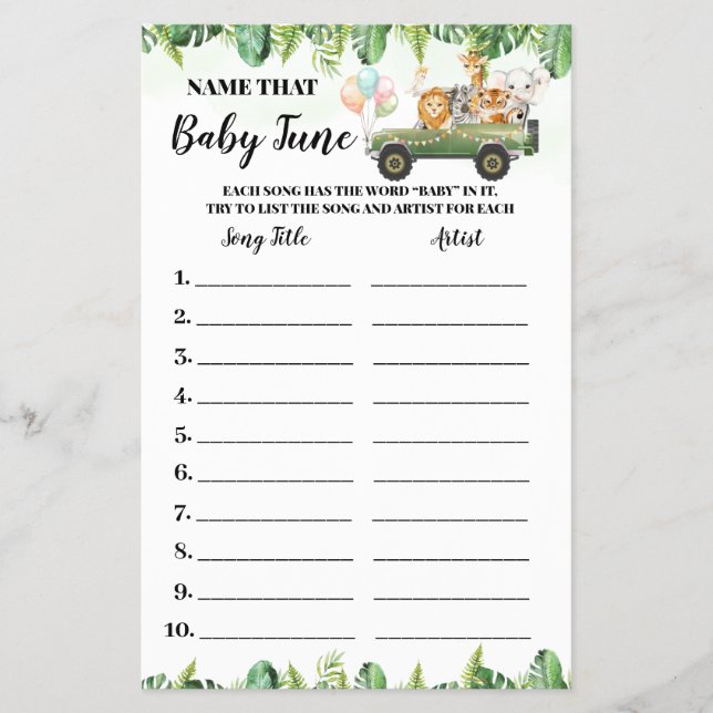 Flyer Safari Animales Nombra tarjeta de juego Baby Tune  (Frente)