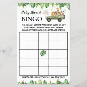 Flyer Safari Baby Animals Shower Bingo Game Card