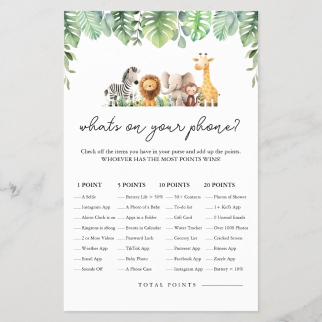 Flyer Safari Baby Shower Game - ¿Qué tienes en tu teléfo (Frente)