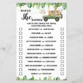 Flyer Safari Prefiere Tarjeta De Juego Baby Shower