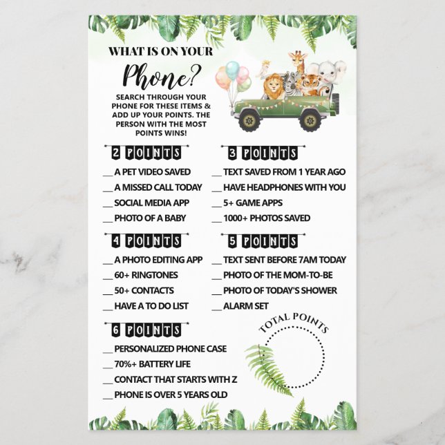 Flyer Safari ¿Qué hay en tu tarjeta de juego Baby Shower (Frente)