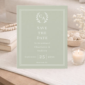 Flyer Sage green monogram budget wedding Save the Date 