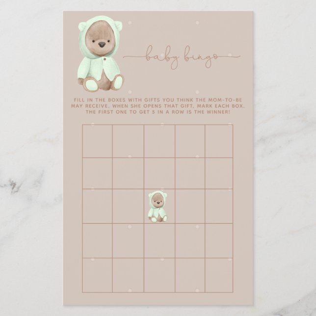 Flyer Sage Green Teddy Bear Juego de Bingo Baby Shower (Frente)