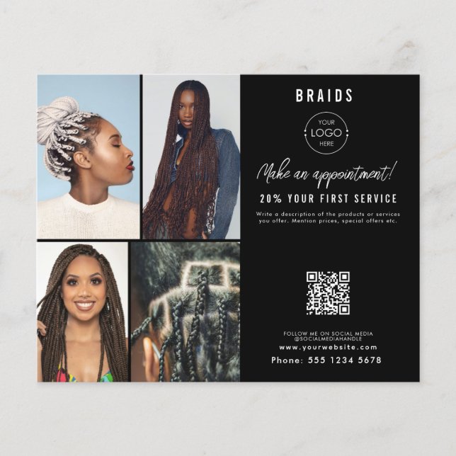 Flyer Salon Appointment Hair Braids Business Logo Photos (Frente)