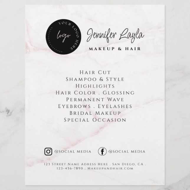 Flyer Salón de Belleza Código QR Logo Personalizado Márm (Frente)