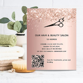Flyer Salón de belleza de cabello rosa dorado código QR 