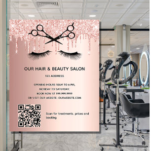 Flyer Salón de belleza de cabello rosa dorado código QR 