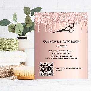 Flyer Salón de belleza de cabello rosa dorado con código