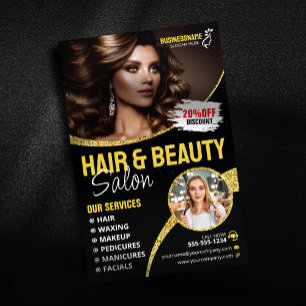 Flyer Salón de Belleza Estilista de Pelo Glamuroso Dorad