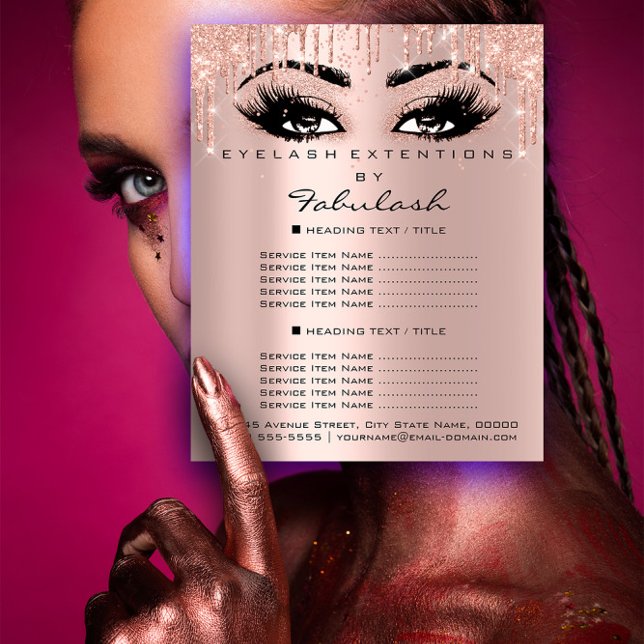 Flyer Salón de Belleza Maquillaje Precios Purpurina Rosa (Makeup Beauty Salon Pink Glitter Prices Eyelashes Flyer)
