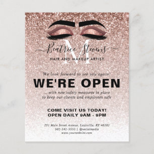 Flyer Salón de Belleza Purpurina Dorado Estamos Abiertos