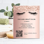 Flyer Salón de belleza rosa oro purpurina maquillaje cód<br><div class="desc">Fondo de degradado de oro subió,  con destellos purpurinas y pestañas. Al frente: El texto: Lista de precios. Personalice y agregue su nombre y dirección. Crea tu propio código QR agregando tu url a tu sitio web o a tu cuenta de medios sociales. Atrás: tu texto,  precios.</div>