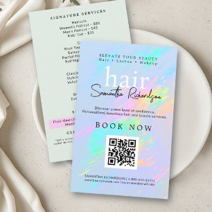 Flyer Salón de Belleza Uñas Maquillaje QR Pastel Holográ
