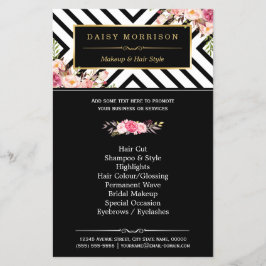 Flyer Salón De Belleza Vintage Floral Black Stripes Blan