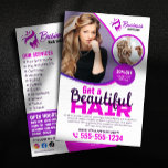 Flyer Salón de belleza violeta morado de pelo estilista<br><div class="desc">Eleve su comercialización de salón con este impresionante juego de volantes de doble cara! Con un diseño púrpura moderno,  es perfecto para mostrar sus extensiones de cabello,  trenzas,  experiencia en el estilo y más. ¡personalizar con facilidad y atrae nuevos clientes!</div>