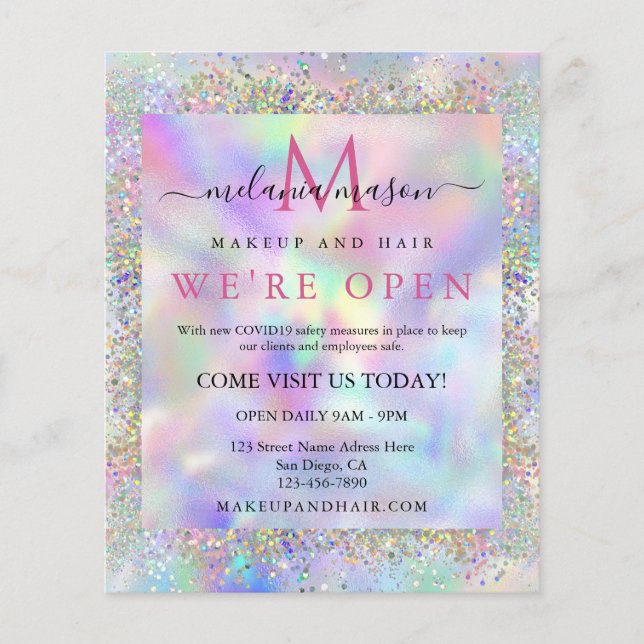 Flyer Salón de maquillaje de un Purpurina holográfico mo (Frente)