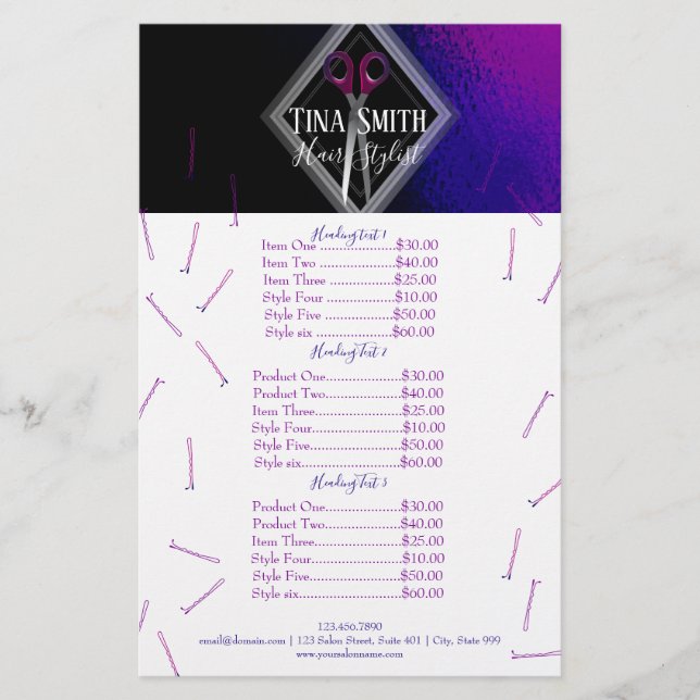 Flyer Salón de pelo moderno morado y negro (Frente)