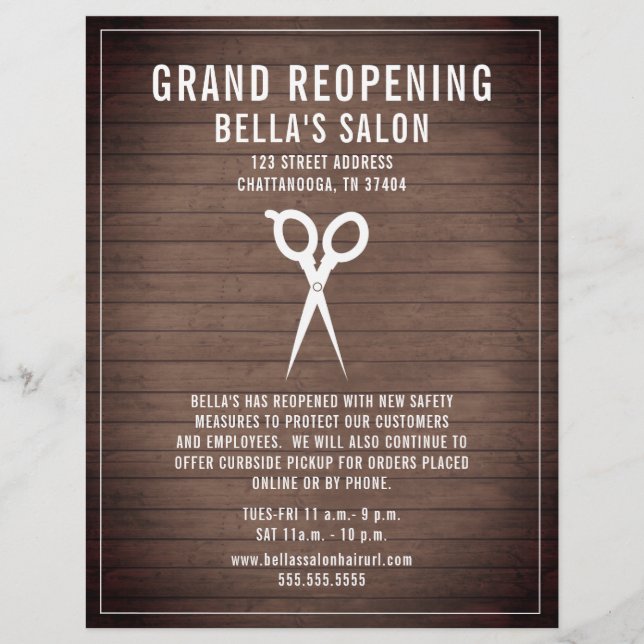 Flyer Salón del cabello Barber Gran reapertura de madera (Frente)
