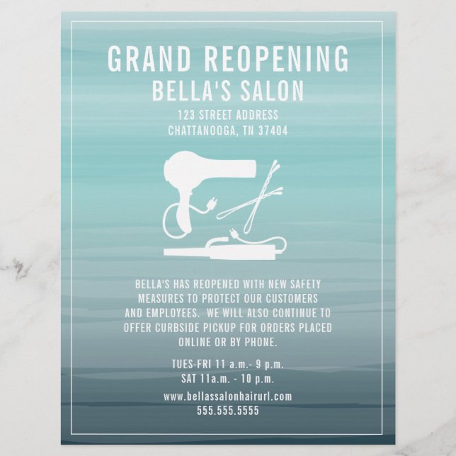 Flyer Salón del cabello Gran reapertura Aqua Ombre (Frente)