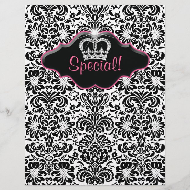 Flyer Salon Floral Damask Black White Pink Crown (Frente)