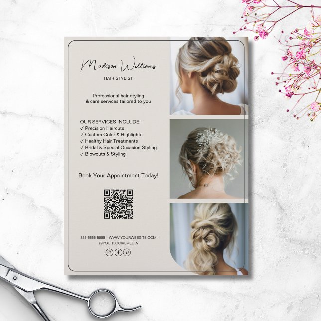 Flyer Salon Hair Stylist Services 3 Fotos QR (Salon Hair Stylist Services 3 Photos QR Flyer)
