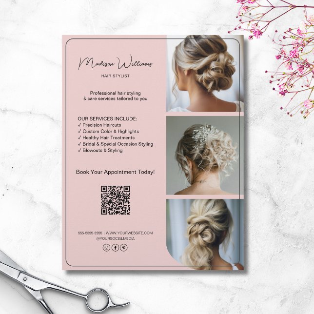 Flyer Salon Hair Stylist Services 3 Fotos QR Rosa (Salon Hair Stylist Services 3 Photos QR Pink Flyer)