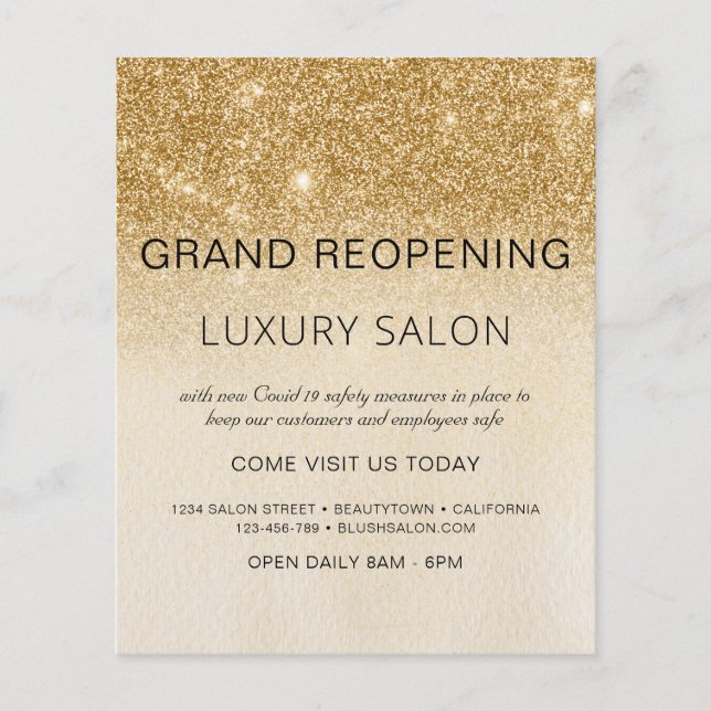 Flyer Salón Purpurina Grand ReOpening Gold Glam (Frente)