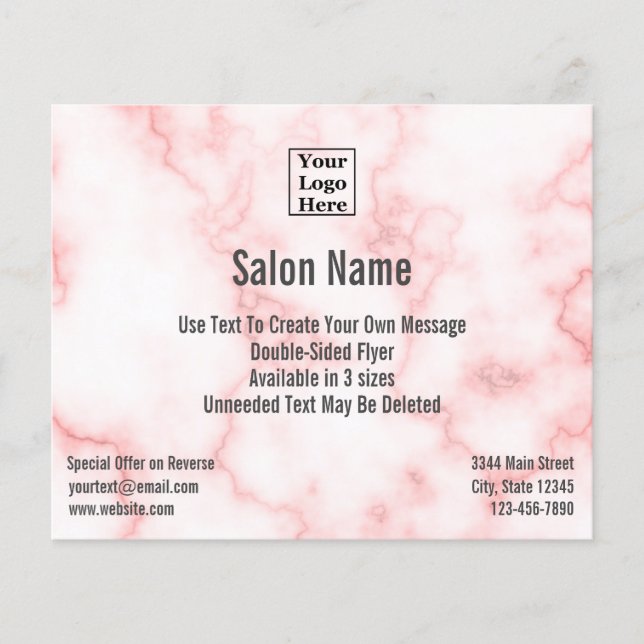 Flyer Salon Your Logo Here on Elegant Faux Pink Marble (Frente)